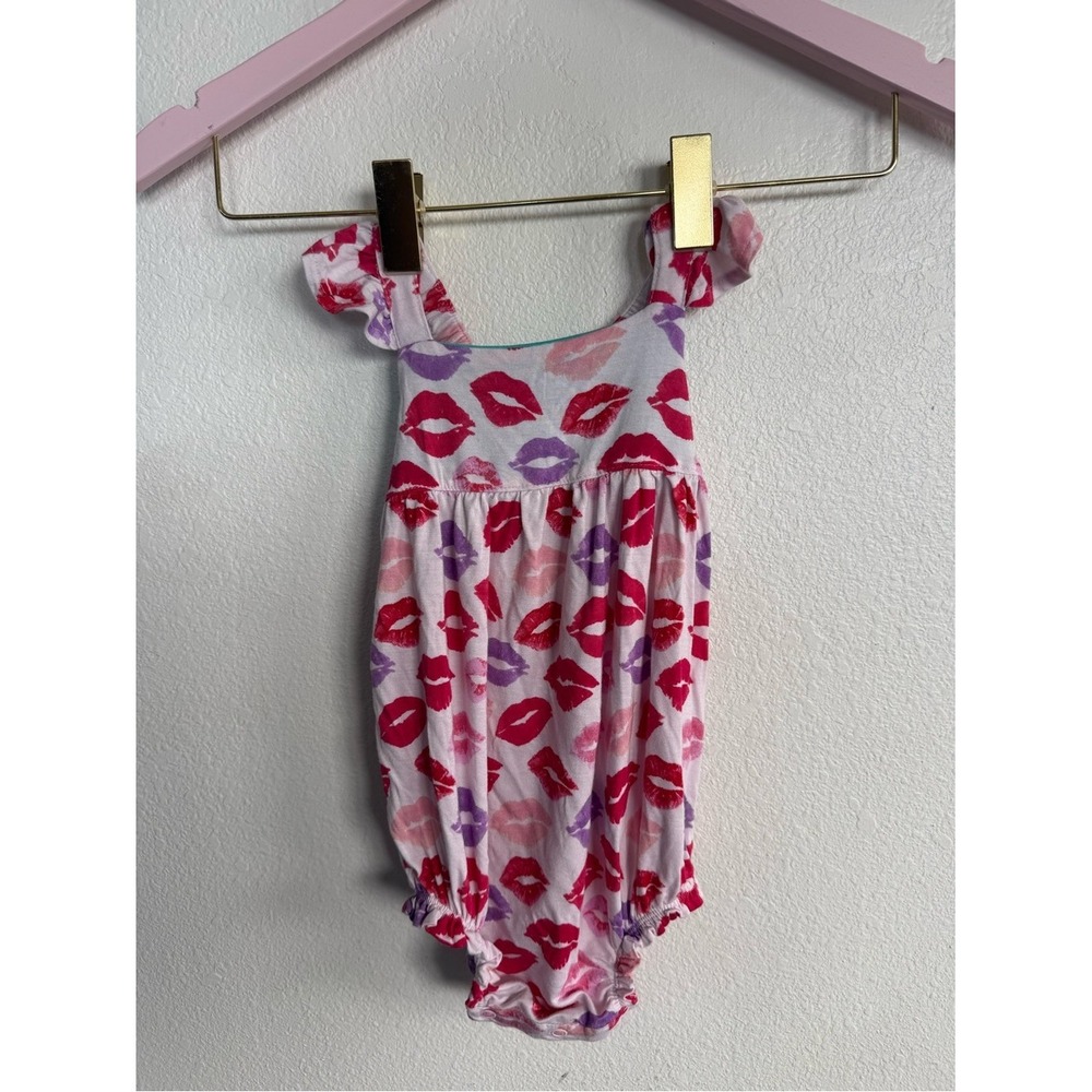 Posh Peanut Pink, Red & Purple Lip Print Ruffle Strap Bodysuit